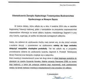 Oświadczenie Zarządu STBS